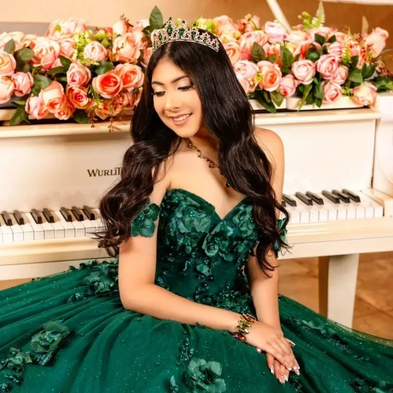 Emerald Green Quinceanera Dresses Ball Gown Dress Off The Shoulder Birthday Gowns 3D Flowers Beads Tulle Customized Women Gowns