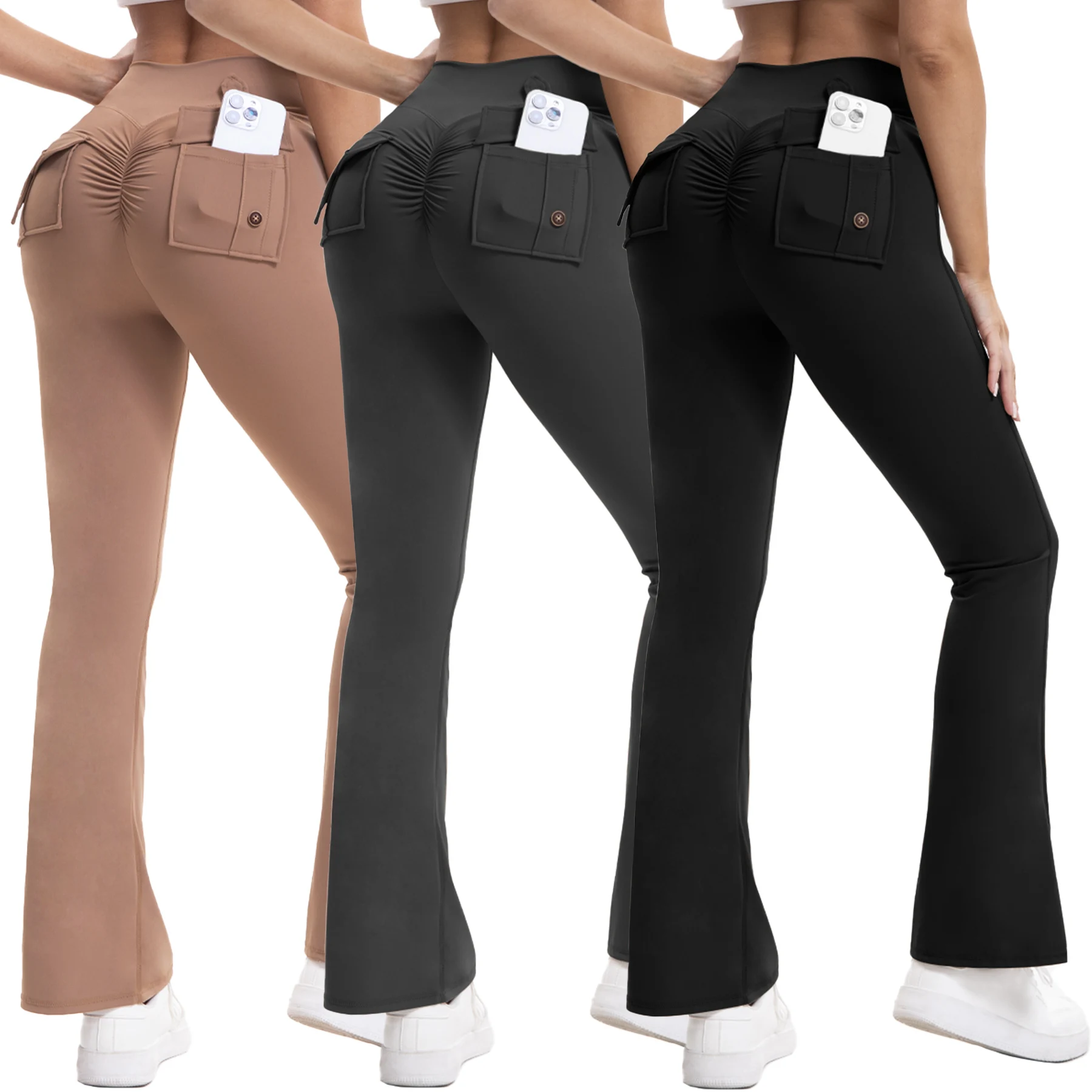 

1Pcs Women's High-Waist Flared Yoga Pants Booty-Lifting Scrunch Snap Button Pockets High Stretch Breathable Soft Tummy Control