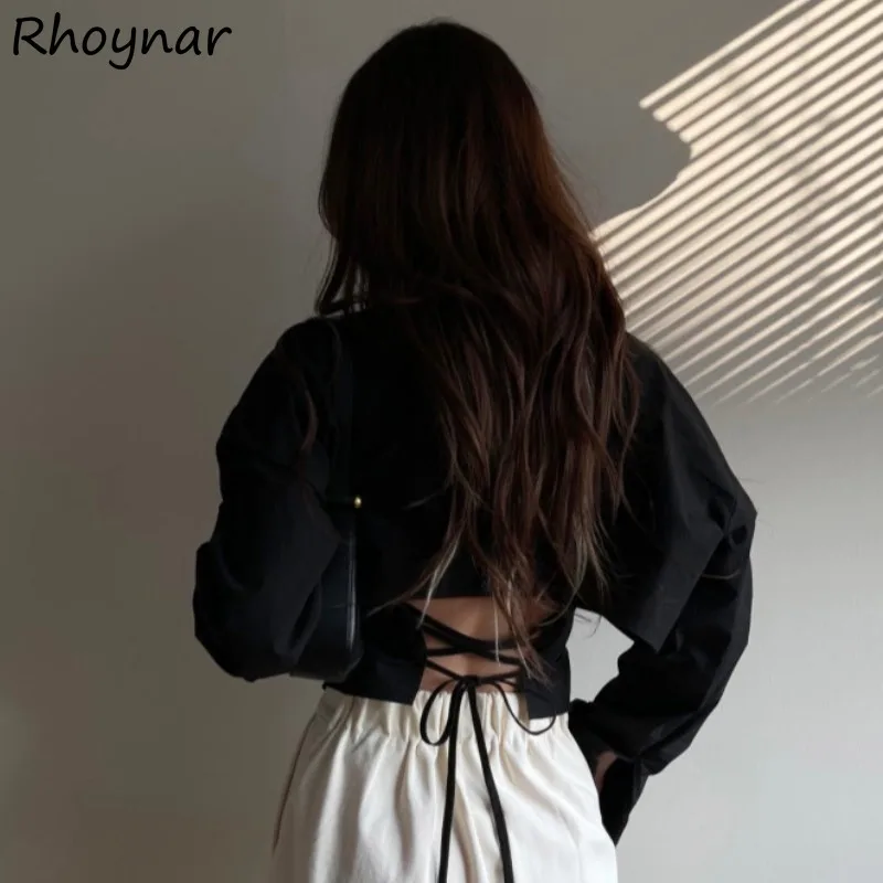 

Solid Shirts Women Simple All-match Casual Design Criss-cross Drawstring Backless Korean Style Temperament Popular Spring Girls