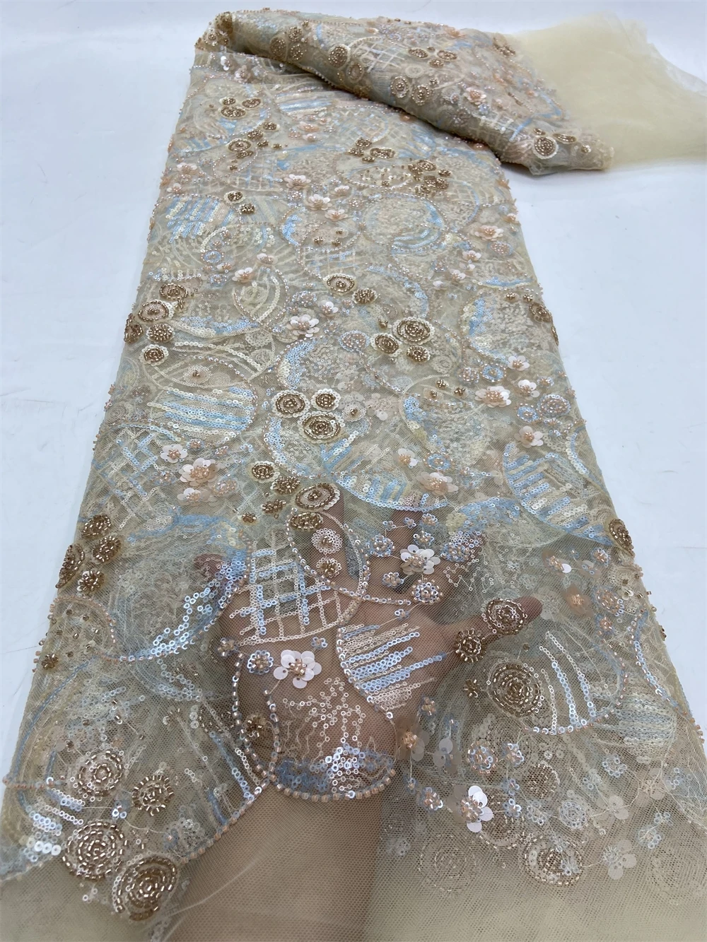 

African Nigerian Tulle Lace Fabric,High Quality，Sequins EmbroideryBeaded, French GuipureWedding Party Dress, 5Yards, 2024