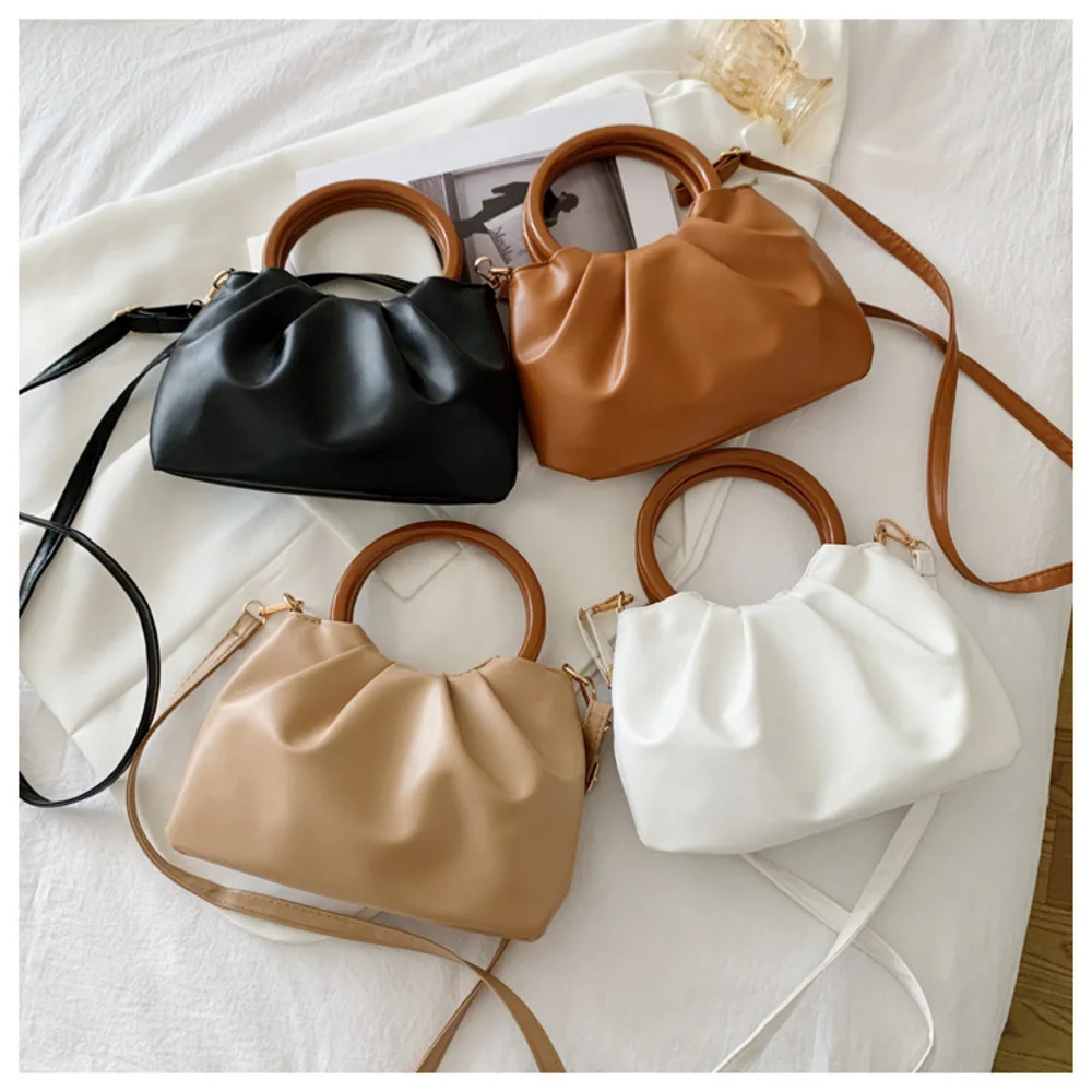 Retro Ring-shaped Handheld Bag Women\'s Bag Korean Fashion Simple Small Square PU Shoulder Crossbody Bag Female Pleated Hand Bags