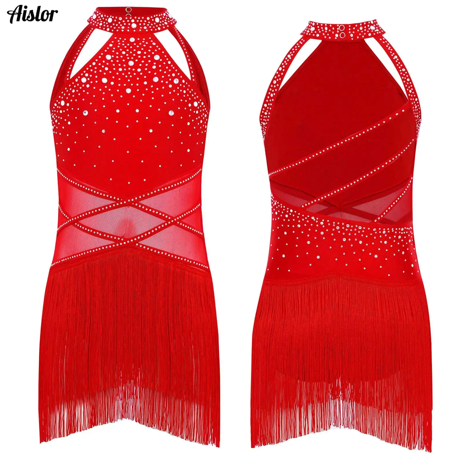 タッセルラテンジャズダンスドレスキッズガールズ光沢のあるラインストーンシアーメッシュストラップバックレスドレスサンバチャチャパフォーマンス衣装
