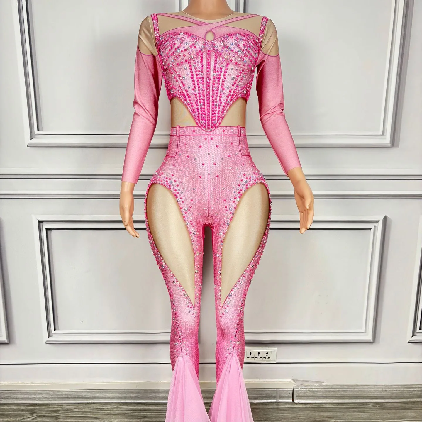 コスチューム ナイトクラブ バー ガール フルダイヤモンド ピンク ロンパース シンガー ダンス チーム ガールズ グループ パフォーマンス ドレス パフォーマンス衣装