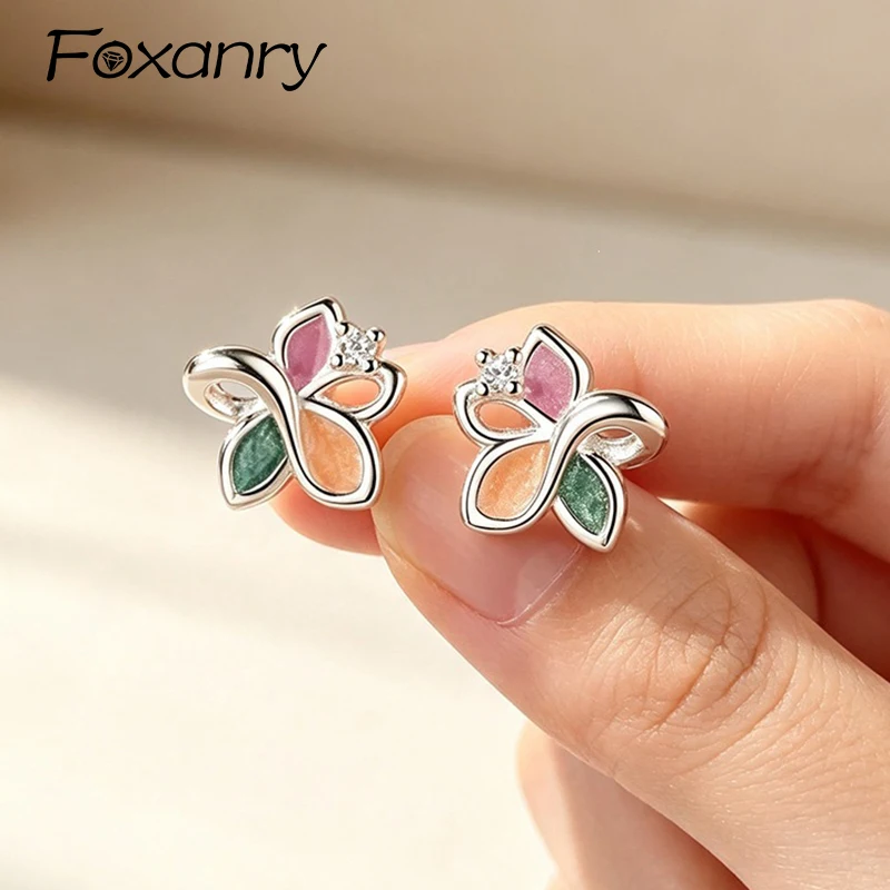 Foxanry Korean Style Zircon Flower Stud Earrings For Women Delicate Sweet Colorful Drop Glaze Birthday Party Jewelry Gift Серьги
