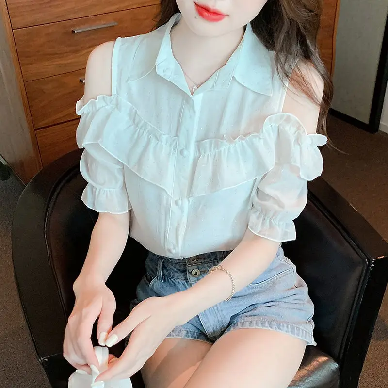 Stylish Off Shoulder Lapel Ruffles Oversized Puff Sleeve Chiffon Shirt 2022 Summer New Chic Tops Loose Commute Woman Blouses