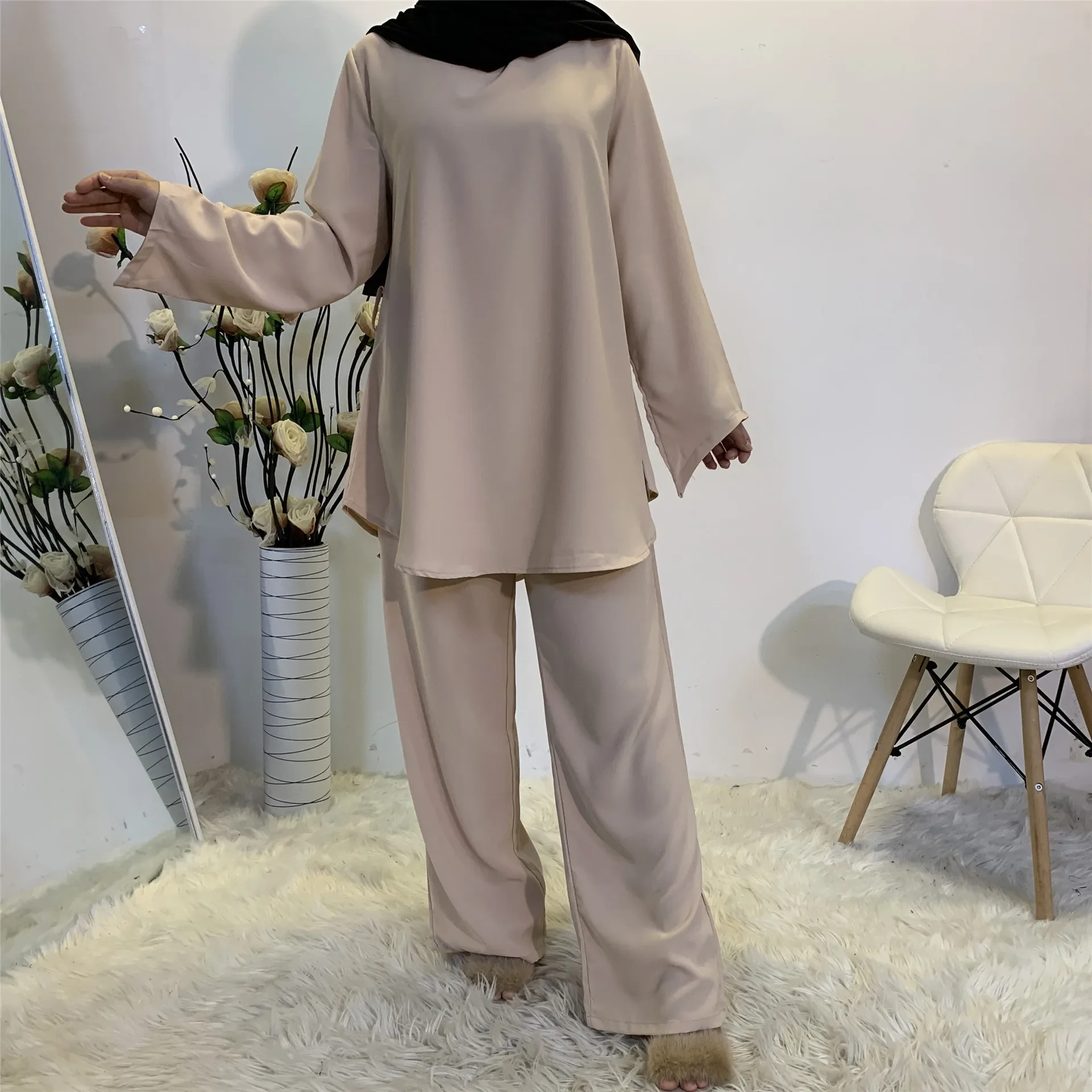 

Wide Leg Pants & Long Sleeve Top Blouse Fashion Women's Simple Muslim Lace-Up Set Solid Color