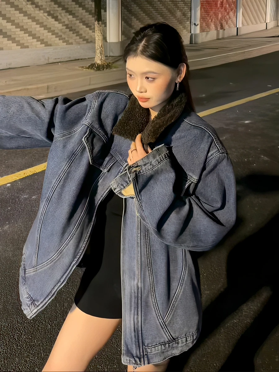 

Женский джинсовый топ в стиле ретро в американском стиле с подкладкой, свободный крой, модный утягивающий топ с меховым воротником, средней длины, застежка-молния