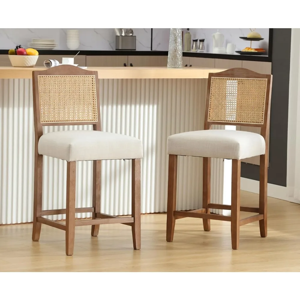 Counter Height Bar Stools Set of 2 Farmhouse Barstools with Rattan Back Comfortable Upholstered Bar Chairs Mid Century