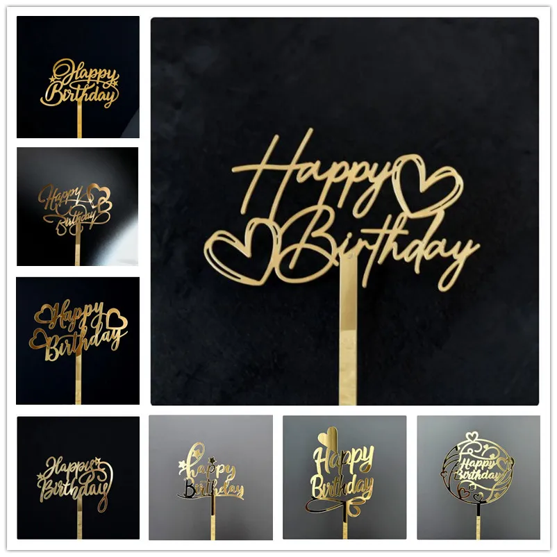 Neuer Einfacher Happy Birthday Cake Topper Dekoration Gold Acryl Kuchenflagge für Geburtstagsparty Kuchendekoration Süße Dessert-Verzierung – Detail 11