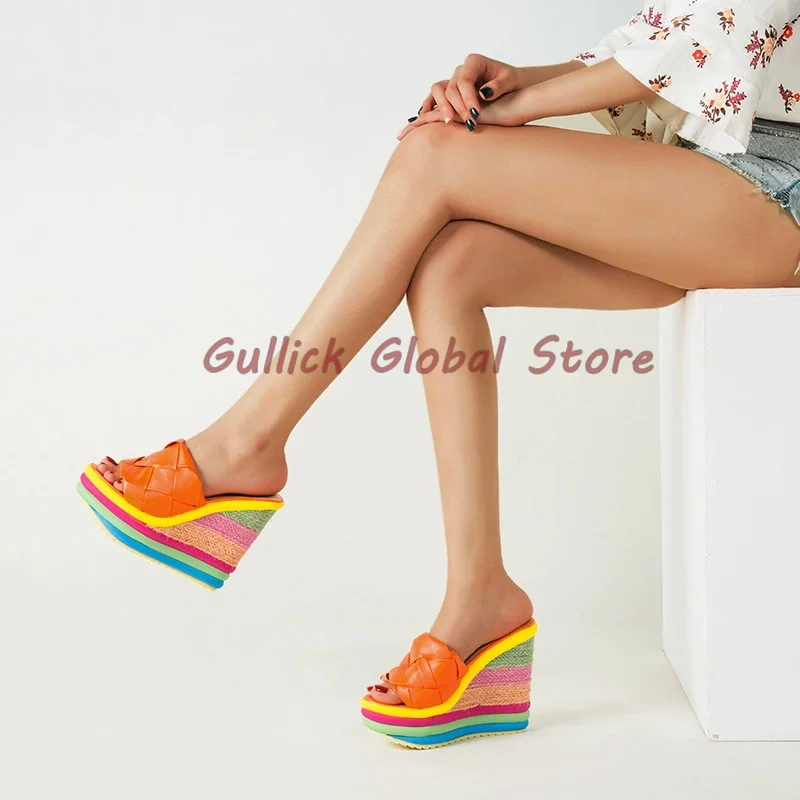 

2024 New Arrival Rainbow Waved Peep Toe Wedges Slippers Round Toe Slides Summer Candy Colors Comfotable Breathable Casual Soft