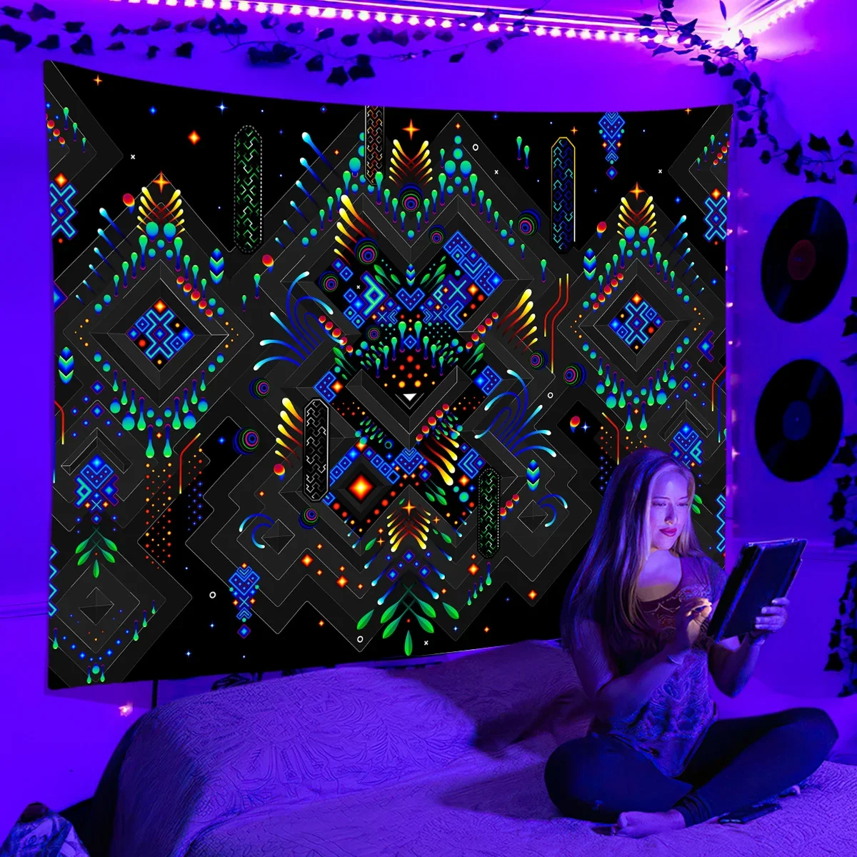 Black Light UV Reactive Psychedelic Space Tapestry Wall Hanging Hippie  For Bedroom Dorm Independent Room Decoration