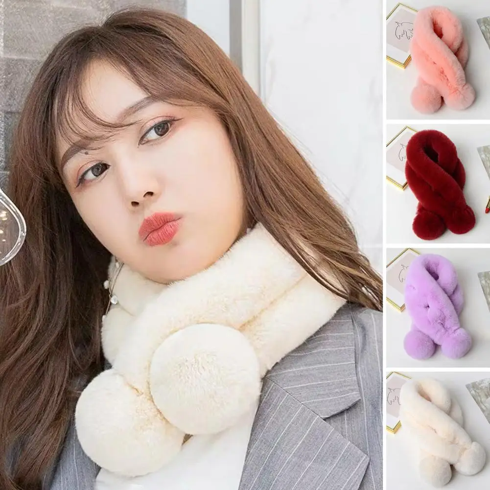 

Scarf Female Autumn and Winter New Fur Rabbit Fur Plush Thick Warm Scarf Solid Color Fur Ball Cross Student Children