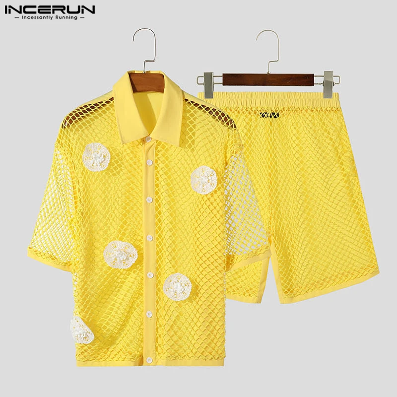 INCERUN 2024 Sexy Fashion Sets Men Mesh Hollow Flower Decoration Short Sleeved Shirt Shorts Casual Clubwear Two-piece Sets S-5XL