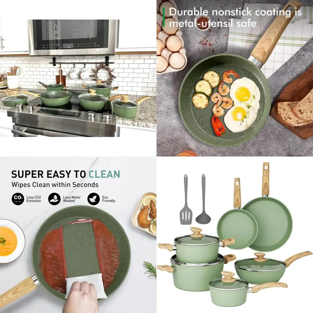 

12-Piece Green Granite Non-Stick Cookware Set, Induction Ready Pots and Pans for Kitchen
