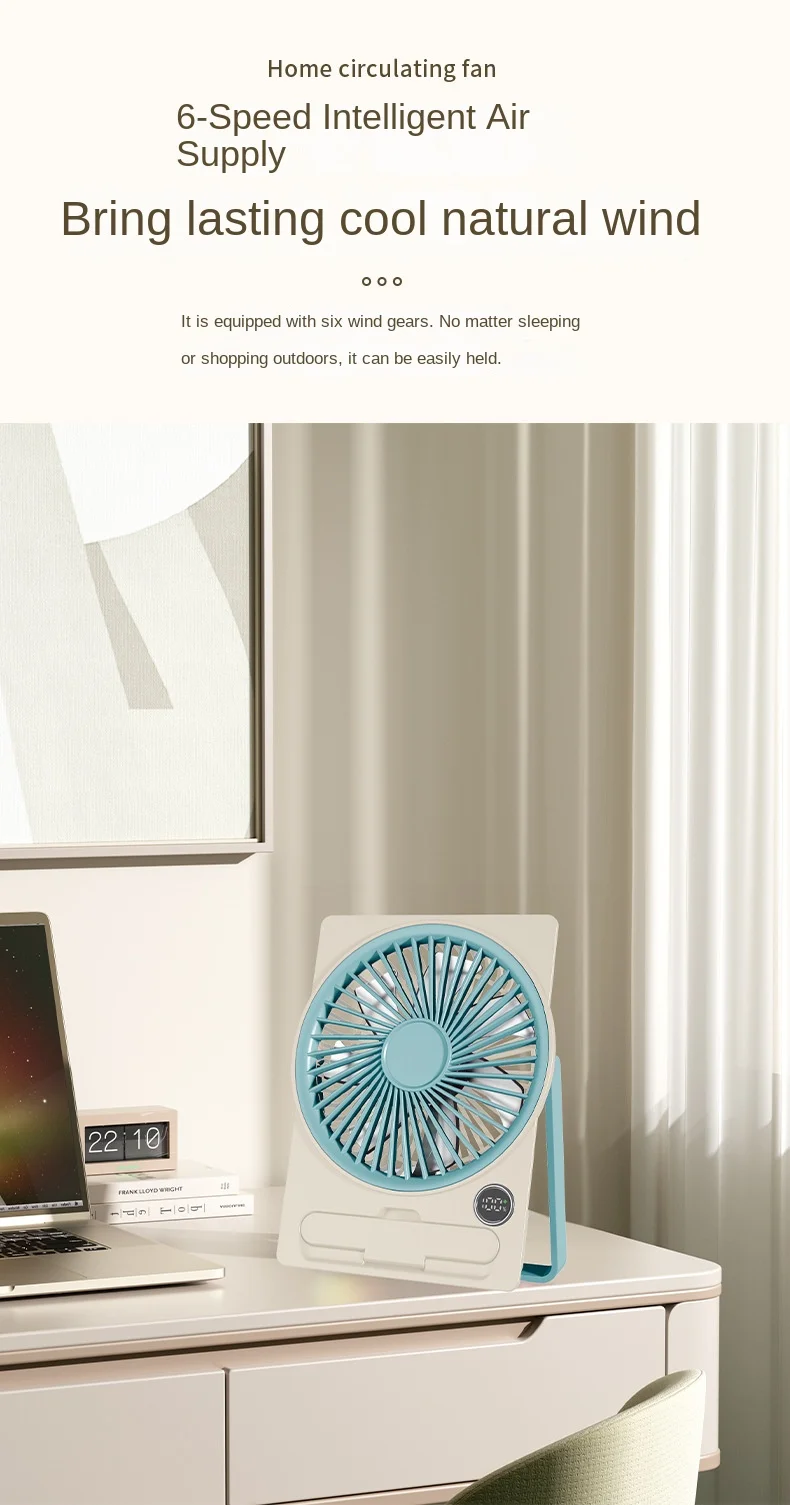 Ultra Thin Mini Fan USB Rechargeable Card Fan LCD Digital Display 6-speed Adjustment Hanging Stand Dual Use Desktop Fan