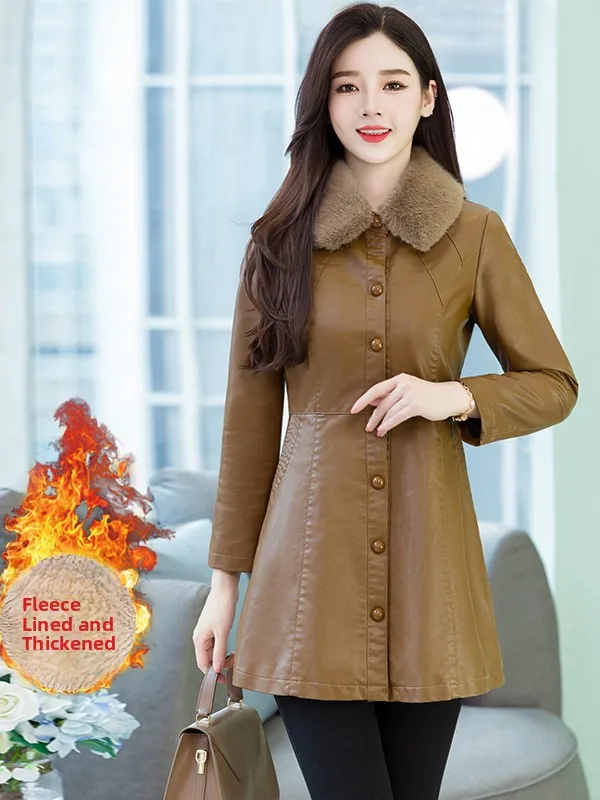 Thiened Fce Leather Jaet Women's Winter Clothes 2025 Winter New Faion Casual Warm Top Mid-Length Commute Sle