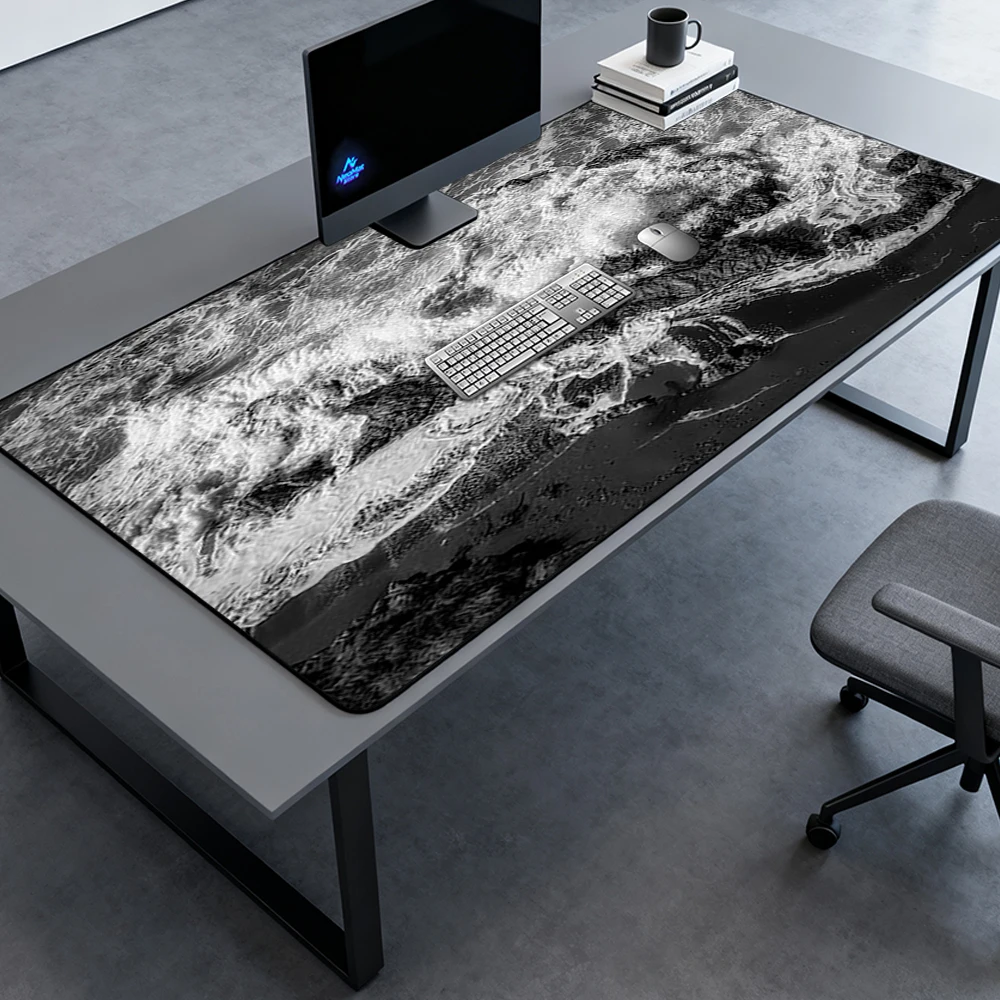 Ocean Desk Mat Large Mousepad Gaming 140x60 Black White Monochrome Seascape Coastal Texture Office Accessories Full Desk Pad