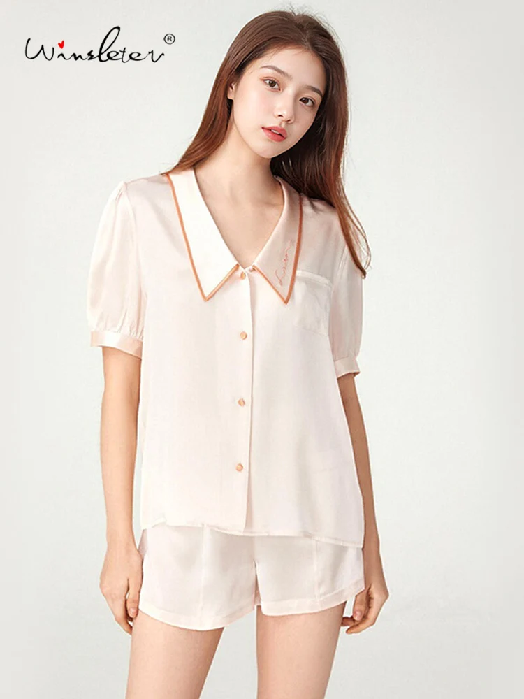 

Winsleter-6A 16MM 100%Real Silk Elegant Women Pajama Set, Short Sleeve Solid, French Sweet Shorts Homewear, 2025 Summer S57473CC