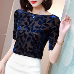 M-3XL Short sleeve Women shirt Fashion Summer Tops New style Slash neck Velvet T shirt