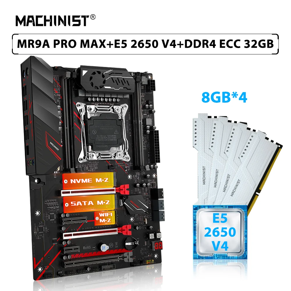 MACHINIST X99 MR9A PRO MAX Motherboard LGA 2011-3 Set Kit Xeon E5 2650 V4 Processor CPU DDR4 32G=4pcs*8G ECC Memory RAM M.2 NVME