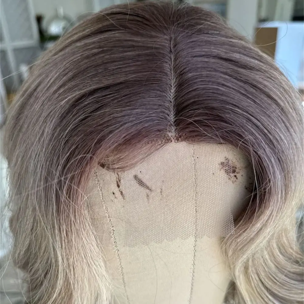 Ombre Ash Blonde Highlight Curly Wavy Wigs Medium Length Synthetic Lace Front Wig with Brown Roots On Clearance Sale Cheap Wigs
