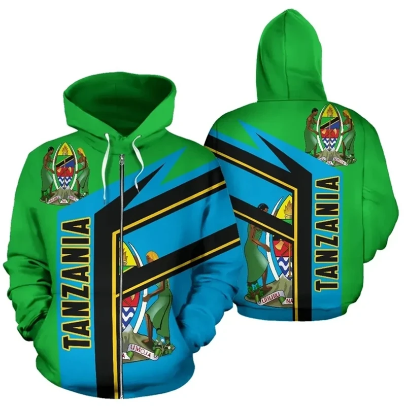 

Tanzania Flag Map Graphic Sweatshirts Africa Country Zip Up Hoodie For Men Clothes Casual Boy Hoody National Emblem Streetwear