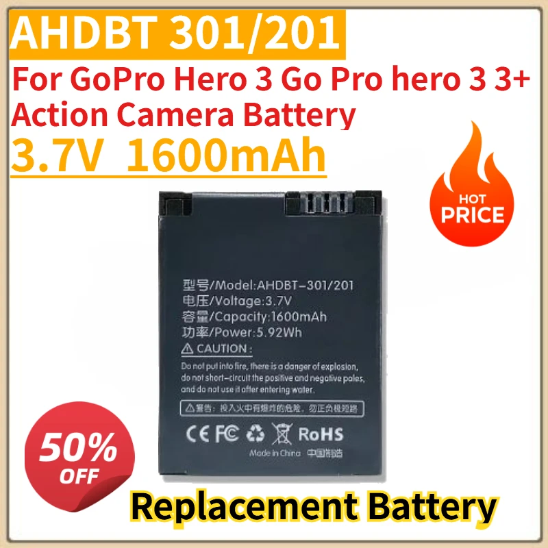 

High Quality New 3.7V 1600mAh AHDBT 301/201 Camera battery for GoPro Hero 3 Go Pro hero 3 3+ Action Camera Battery