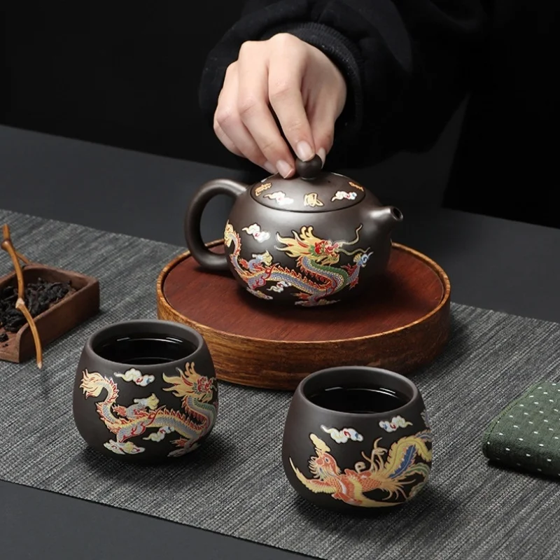 

Глиняный горшок с фиолетовым рисунком, цвет дракона и феникса Chengxiang меняет цвет при воздействии горячей воды, креативный чайник, чайная чашка