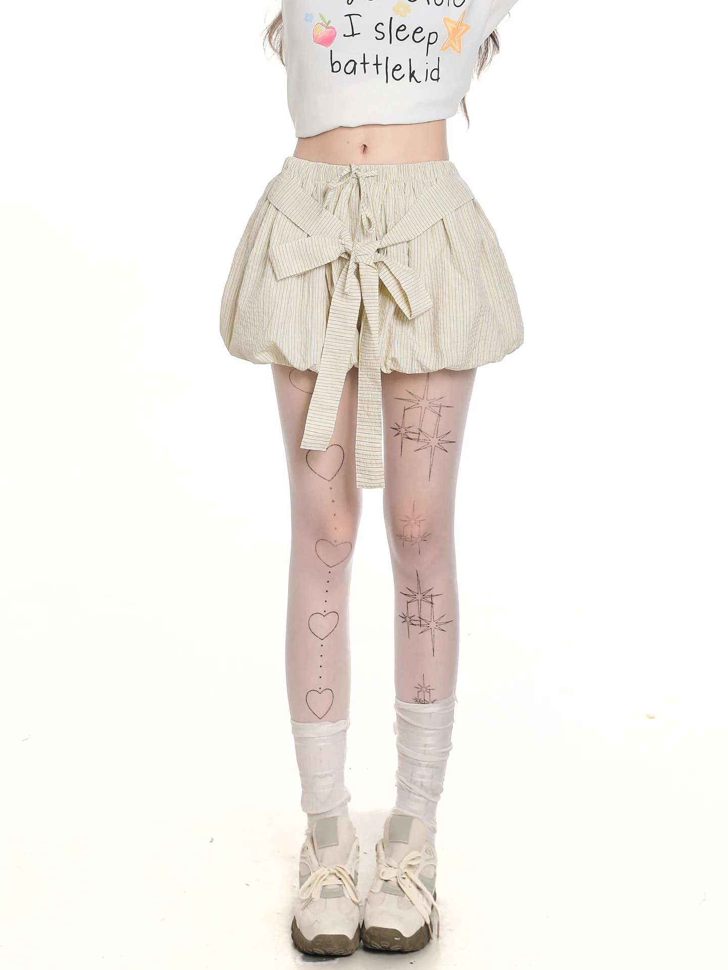 女の子用スイートバレエスタイルストライプ蝶結びaラインミニスカート、ハイウエストふわふわフラワーサマーショートスカート