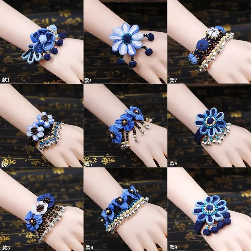 2025 Luxury Blue Dye Bracelet China Yunnan Dali Ethnic Style Big Flowers Fine Tie Dye Cloth Blue Hand-woven Hand Rope Jewelry