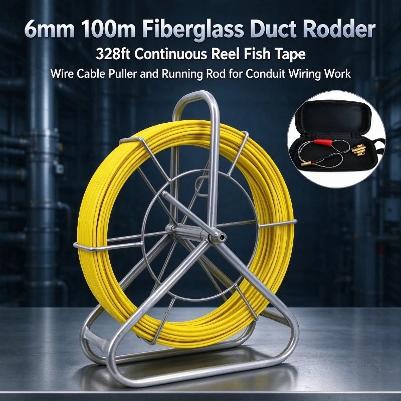 6MM 100M / 328FT Fiberglass Duct Rodder Fish Tape Continuous Reel Wire Cable Puller RunningRod