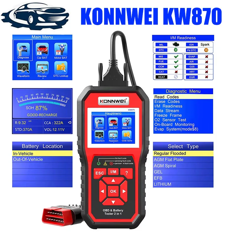 KONNWEI KW870 6V 12V Car Motorcycle Battery Tester OBD2 Diagnostics Tool Scanner 2 in1 Cranking Charging Test Tools for the Car