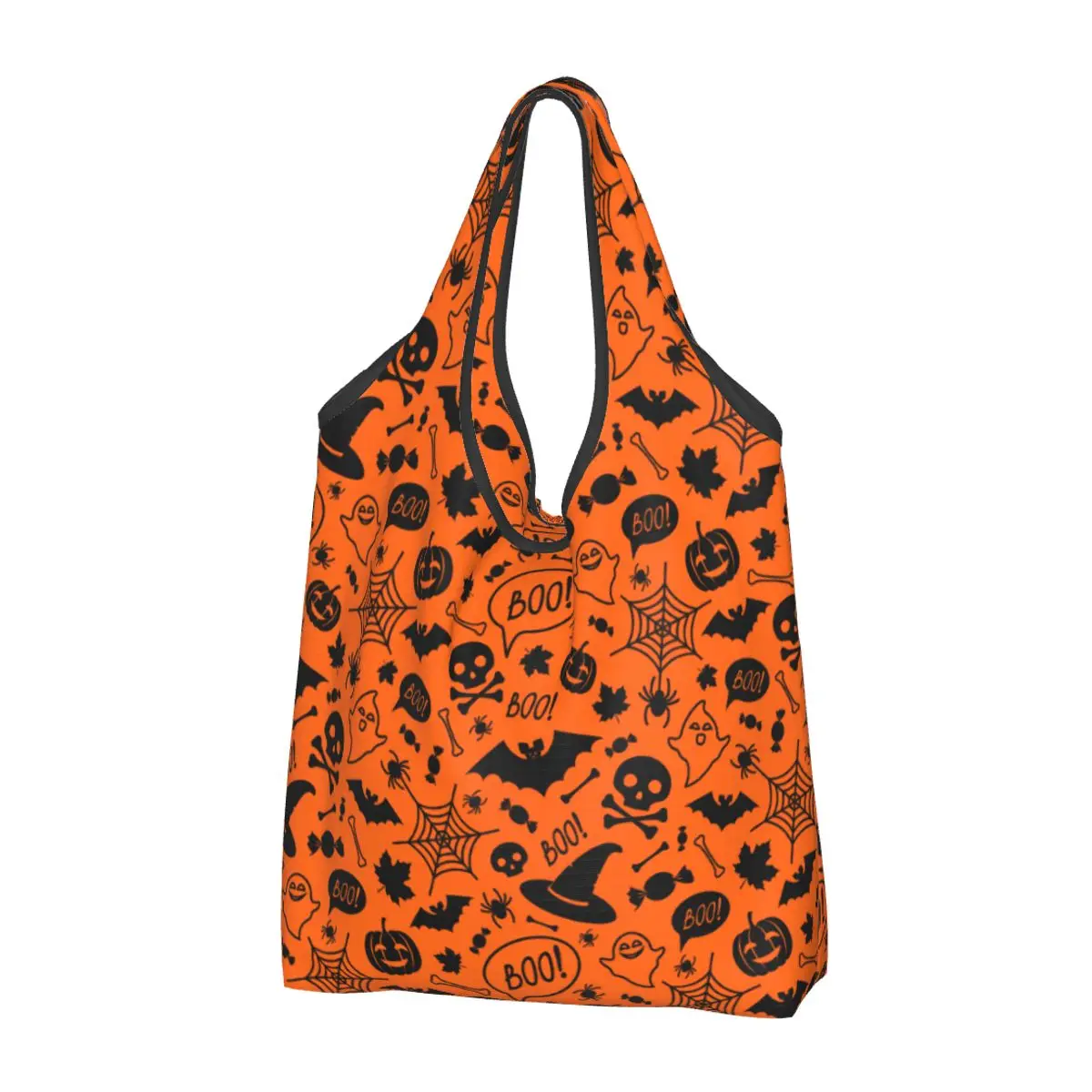 Halloween With Pumpkins Skulls Bats Grocery Bag Foldable Machine Washable Shopping Bags Large Eco Storage Bag Lightweight