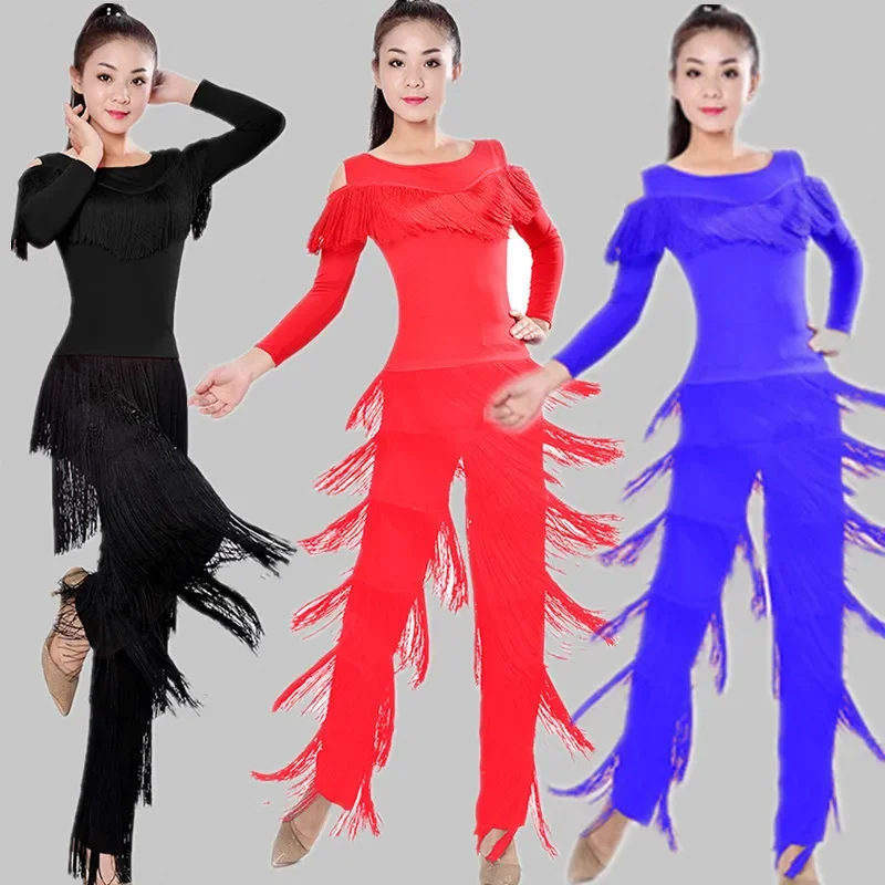 

NEW 2021 Latin Modern Dance Suits Women/girls Sexy Fringes Long Pants Ballroom/tango/rumba/latin Dresses Clothings For Dancer