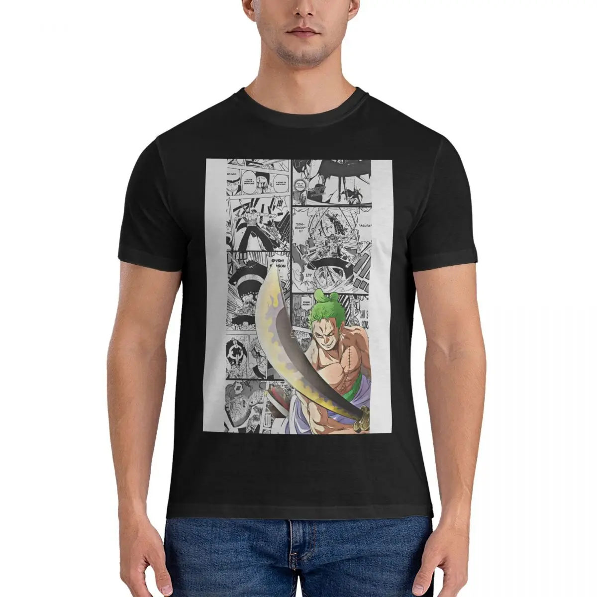 Funny Zoro Manga Pages T-Shirt Men Round Collar 100% Cotton T Shirt One Piece Short Sleeve Tees Summer Clothes