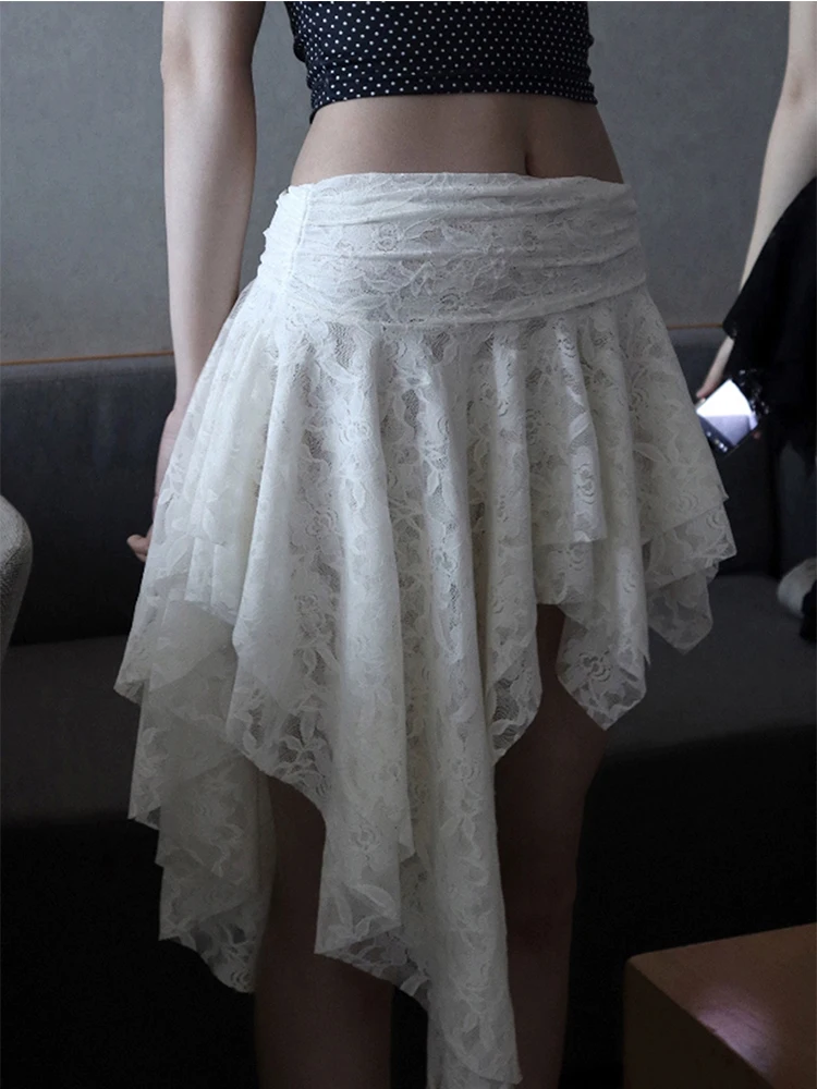 High Waist Asymmetrical Lace Half Skirt Women's Pure Desire Spicy Fashionable Layering Versatile  Skirt Commute Korean St...