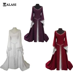 Womens Medieval Renaissance White Wedding Long Dress Celtic Queen Party Victoria Cosplay Costume Square Collar Maxi Dress Robe