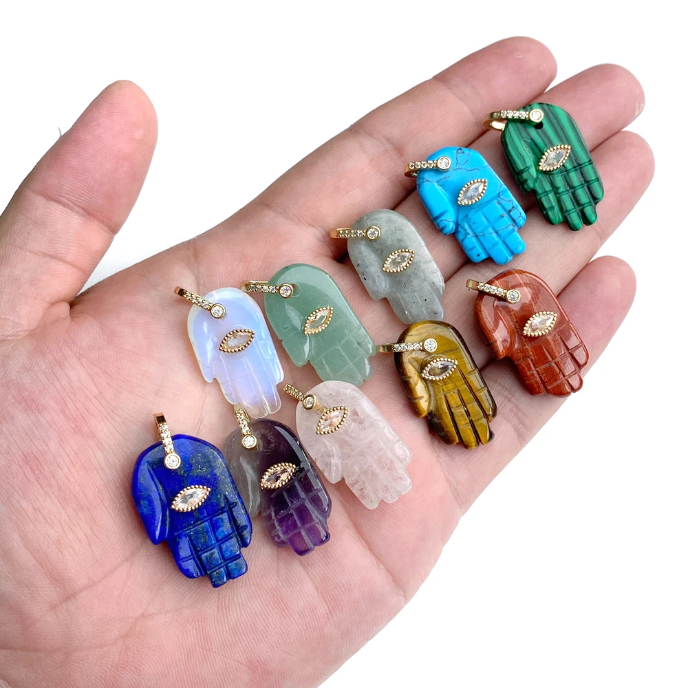 1PC Fashion Carved Stone Pendant Fatima Hand Amethysts Aventurine Rose Quartzs Palm Shape Charms Fit Fewelry Making Accessories