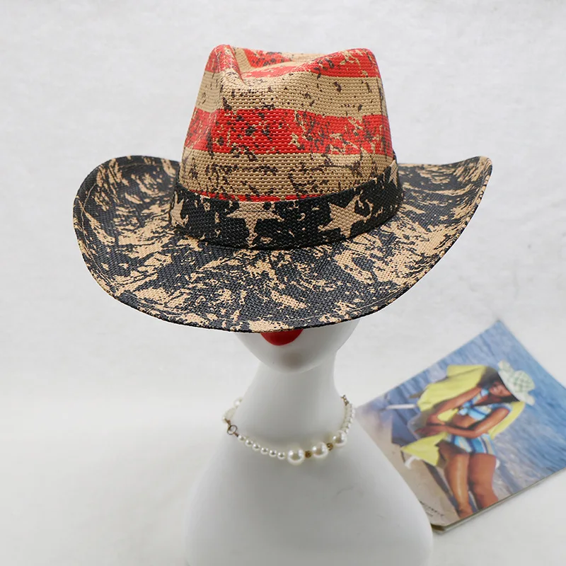 Hot Sale American Flag Style Straw Hat Western Cowboy Hat Distressed Men's Outdoor Hat