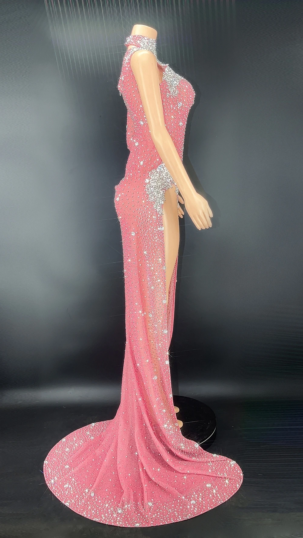 Strass brilhantes manga única alta divisão vestido longo feminino sexy celebrar noite baile de formatura vestido de festa aniversário sessão de fotos wear