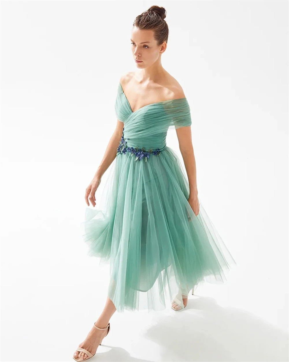   Piuma semplice con spalle scoperte A-line fiore tulle occasione formale abito compleanno per le donne lusso 2023 es