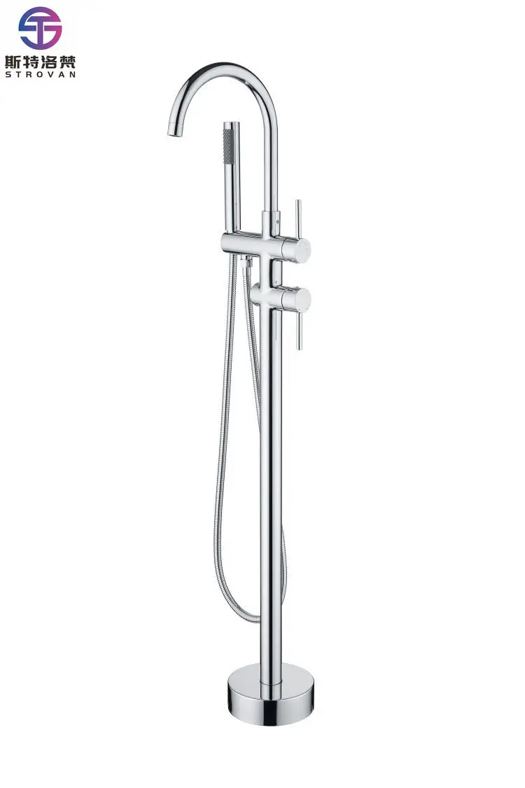 

European Freestanding Bathtub Faucet with Rain Shower 2-Function Floor Mounted Brass Bathroom Set
