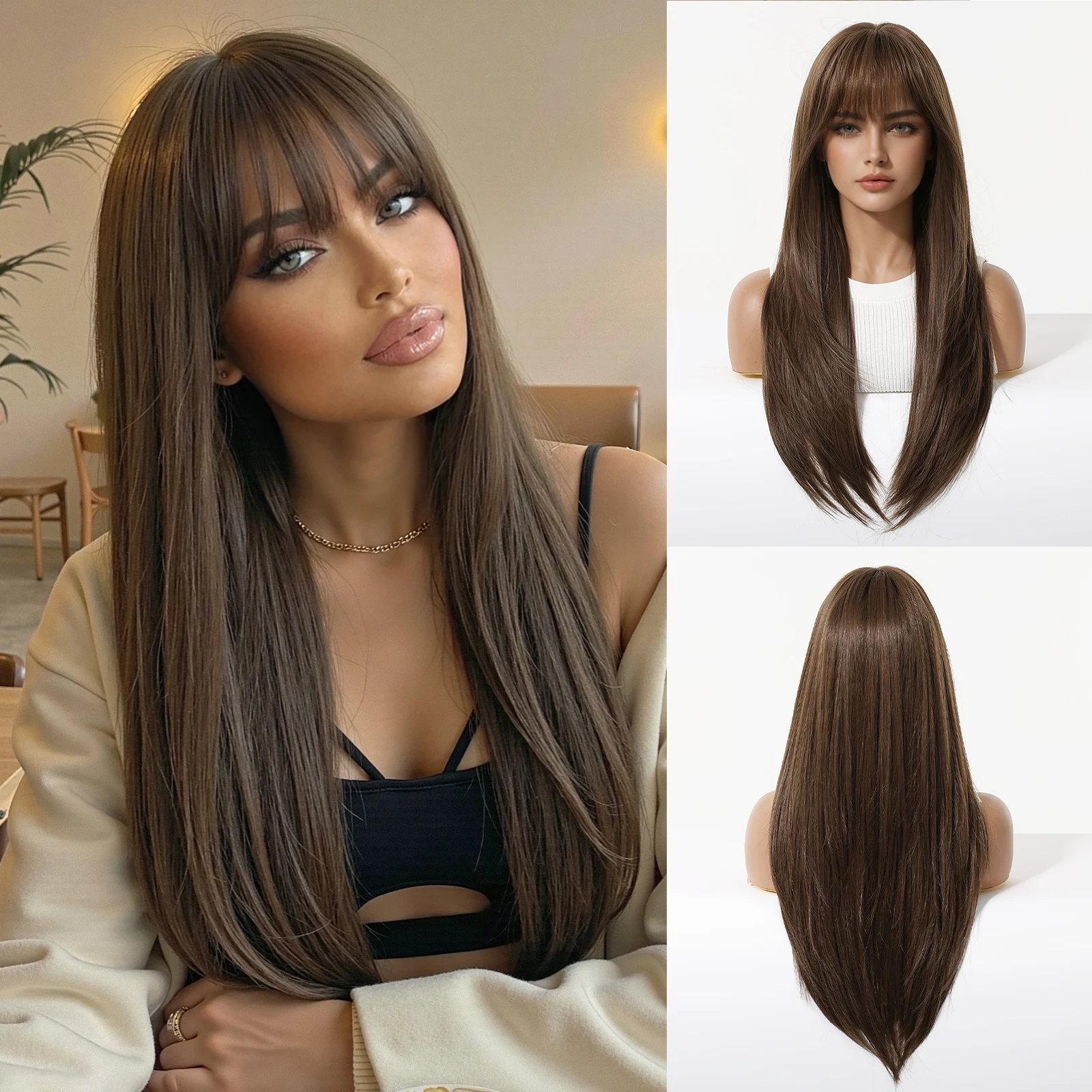 

Allbell Magique Soft Smooth Dark Brown Highlight Long Straight Synthetic Wig for Daily Fashion Party Cosplay Look Women Use