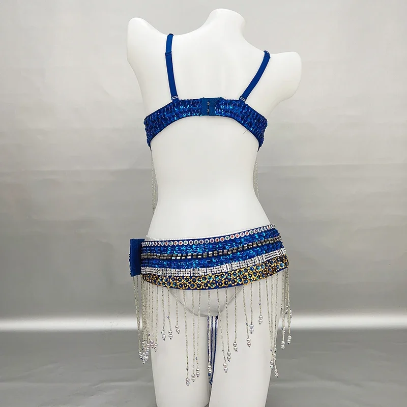 Wholesale New Sequins Beaded Belly Dance Costume Bra+Belt Set Women Sexy Stage Performance Clothing Outfit Competition Dancewear