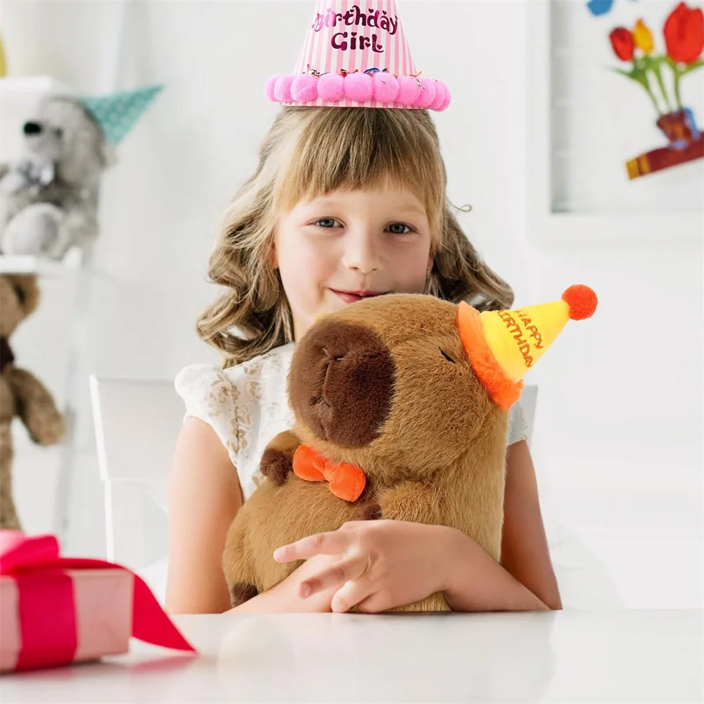Lindo Feliz cumpleaños Capybara felpa suave Capybara Animal relleno juguete de peluche suave Kawaii regalos de cumpleaños decoración de fiesta para niños