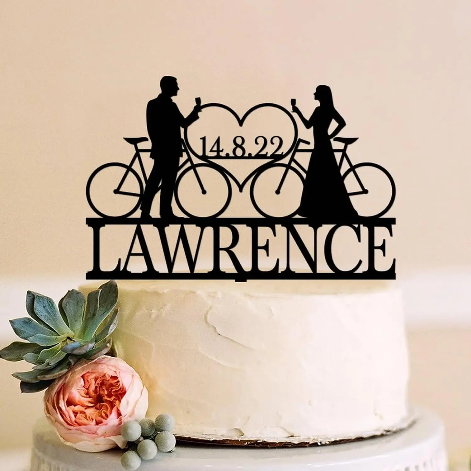 Bicycle Couple Cake Topper, Custom Surname Bicycle Wedding Cake Topper, Bike Rider Cake Topper, Wedd Calligraphy Cake Topper