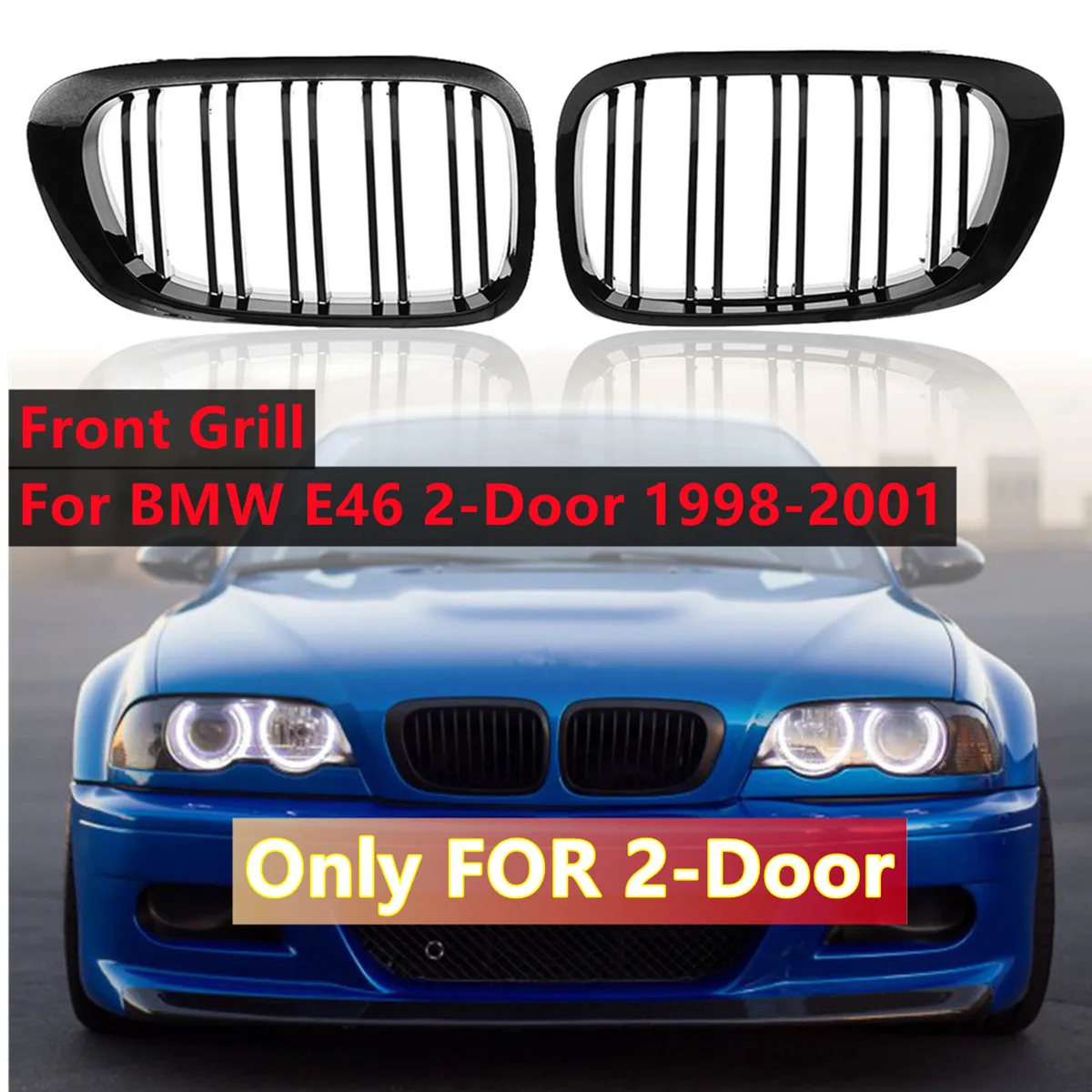 Glänzend schwarzer vorderer Sport-Nierengrill für BMW 3er E46 2-türige Coupe Cabriolet Pre-Facelift 1998–2001 Racing Grills