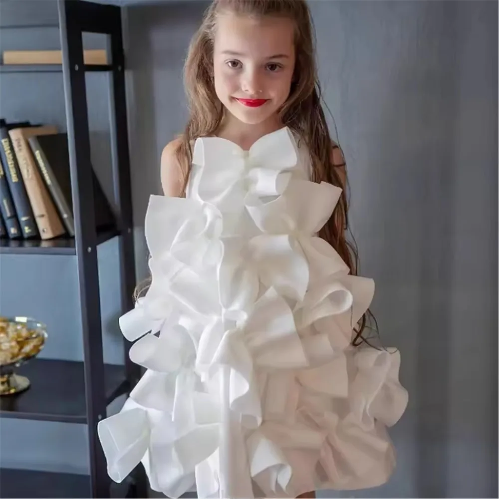 Elegant Children Sleeveless Flower Girl Wedding Dress Bow Simple Kids Host Performance Outfit Girls Birthday Party Pageant Dress
