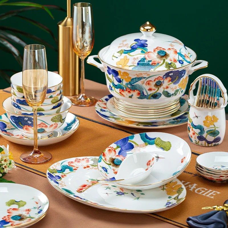 

Dishes and dishes set, home Jingdezhen ceramic housewarming gifts, high-end luxury bone china tableware bowls and plates