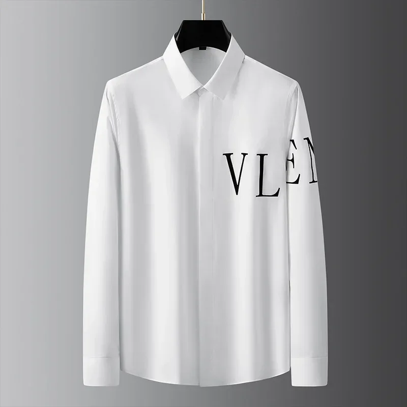 Brand Letter Flocking Long Sleeved Shirts Men Slim Fit Casual Business Dress Shirts High Quality Social Party Banquet Tops 2024 image 3